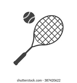 Tennis racket and ball black icon isolated on white background. Big tennis. Vector illustration. Sport symbol. Silhouette, pictograms tennis.