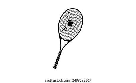 Tennis racket and ball, black isolated silhouette