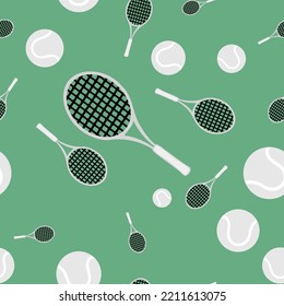 A tennis racket and a tennis ball in black and white on a green background - seamless pattern