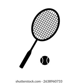 Tennis Racket and Ball Black and White Icon.