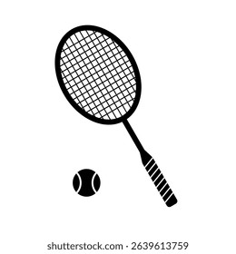 Tennis Racket and Ball Black and White Icon. Vector illustration