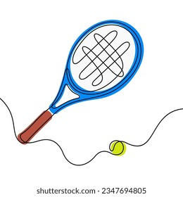 Tennis racket and ball continuous line colourful vector illustration