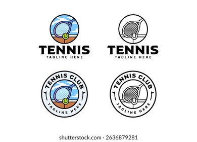 tennis racket with ball with court and blue sky colorful illustration logo design. tennis racquet, field and ball with sky circle outline badge logo design set for tennis sport club and tournament