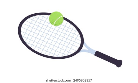 Tennis racket and ball, court game equipment. Professional sport gear for playing. Athletic racquet for championship, match, tournament. Flat vector illustration isolated on white background