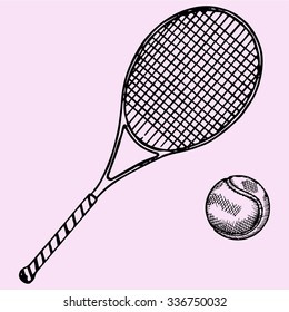 Tennis racket and ball, doodle style, sketch illustration, hand drawn, vector