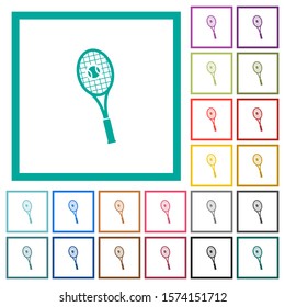 Tennis racket with ball flat color icons with quadrant frames on white background
