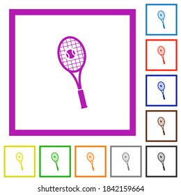 Tennis racket with ball flat color icons in square frames on white background