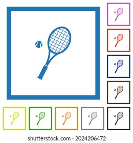 Tennis racket with ball flat color icons in square frames on white background