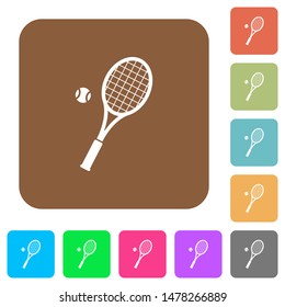 Tennis racket with ball flat icons on rounded square vivid color backgrounds.
