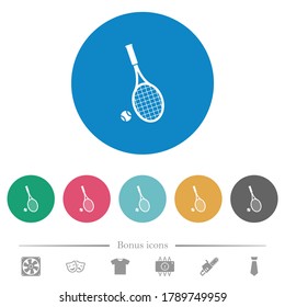 Tennis racket with ball flat white icons on round color backgrounds. 6 bonus icons included.