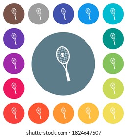 Tennis racket with ball flat white icons on round color backgrounds. 17 background color variations are included.