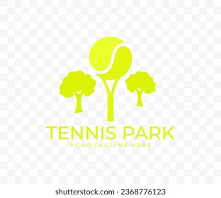 Tennis, racket and ball in the form of a tree and park, graphic design. Sport, tennis court, nature, plant, leisure and recreation, vector design and illustration