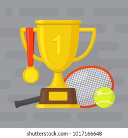 Tennis racket and ball with gold winner cup and medal. Sport banner. Sports background. Flat design. Vector illustration. Used for greeting cards, posters, flyers, prints for clothes, logo.