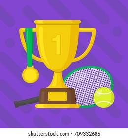 Tennis racket and ball with gold winner cup and medal. Sport banner. Sports background. Flat design. Vector illustration. Used for greeting cards, posters, flyers, prints for clothes, logo.