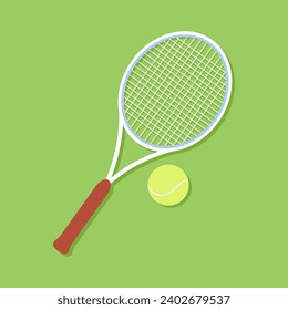 Tennis racket. Tennis ball. Green backdrop. Simple flat art style. Sports and fitness leisure games. Tennis professional sport gear. Vector.