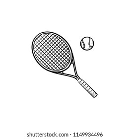 Tennis racket and tennis ball hand drawn outline doodle icon. Tennis court, equipment, sport tournament concept. Vector sketch illustration for print, web, mobile and infographics on white background.