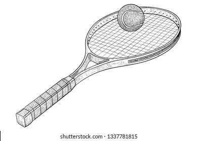 Tennis racket with a ball. Hand drawn sketch. Vector illustration isolated on white background