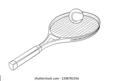 Tennis racket with a ball. Hand drawn sketch. Vector illustration isolated on white background