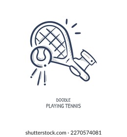 Tennis racket and ball hand drawn icon illustration. Sport playing tennis cartoon line vector drawing