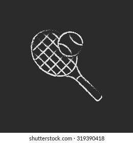 Tennis racket and ball hand drawn in chalk on a blackboard vector white icon isolated on a black background.