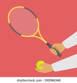 Tennis racket and ball in hand. Sports lifestyle concept. Man playing a sports game. Vector illustration in modern flat style. EPS 10.