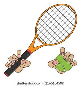 tennis racket and ball in hands, picture isolated on white background in cartoon style in vector graphic