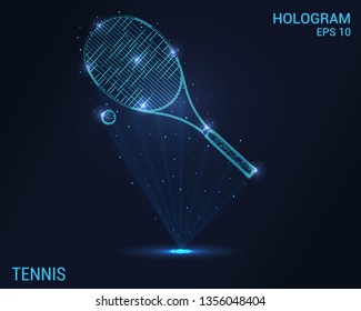 Tennis racket and ball hologram. Digital and technological tennis background. Futuristic tennis design