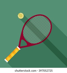 tennis racket and ball icon with long shadow. flat style vector illustration