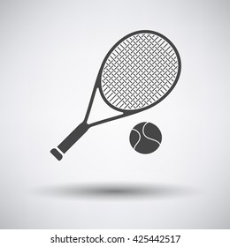 Tennis racket and ball icon on gray background with round shadow. Vector illustration.