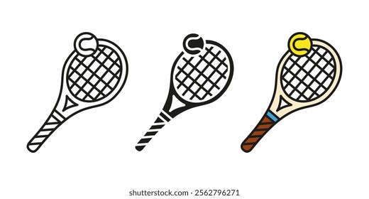 Tennis racket with ball icon. Professional tennis competition symbol. Tennis sport equipment vector illustration. Rocket with grid sign. Hobby and leisure concept. Sports game pictogram isolated.