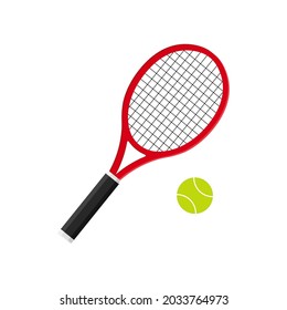 Tennis racket with ball. Icon of racquet for court. Logo of tennis rocket and ball isolated on white background. Sport equipment for game, match, competition. Silhouette for club of badminton. Vector.