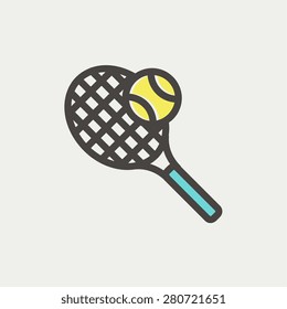 Tennis racket and ball icon thin line for web and mobile, modern minimalistic flat design. Vector icon with dark grey outline and offset colour on light grey background.