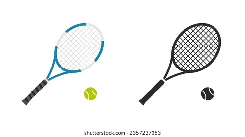 Tennis racket ball icon vector simple pictogram clipart image set, flat sport racquet game black white flat green blue illustration graphic silhouette sign
