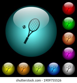 Tennis racket with ball icons in color illuminated spherical glass buttons on black background. Can be used to black or dark templates