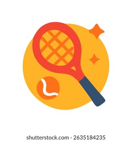 Tennis racket and ball illustration with a red racket orange ball and yellow background