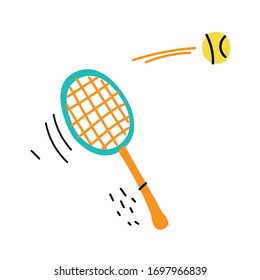 Tennis racket and ball isolated on white background. Vector EPS10 illustration. Doodle style, hand-drawn. Sport equipment. Flat. Cartoon