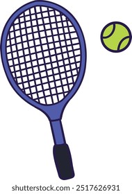 Tennis racket and ball isolated on white background. Trendy hand drawn vector illustration design.