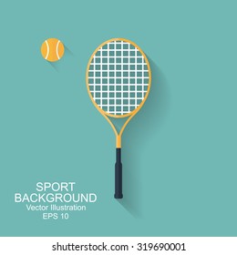 Tennis racket and ball isolated on white background. icon with long shadow. Big tennis. sport background. flat style, vector illustration. 