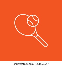 Tennis racket and ball line icon for web, mobile and infographics. Vector white icon isolated on red background.