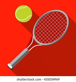 Tennis racket and ball with long shadow on red background. Picture style flat