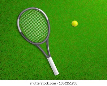 Tennis racket and ball lying on court lawn green grass 3d realistic vector illustration. Tennis tournament, racket sport inventory and accessories shop advertising background. Outdoor sport equipment