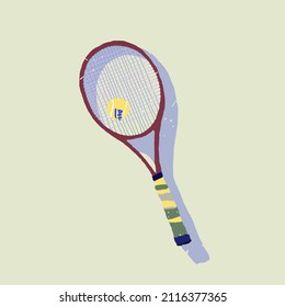 A Tennis racket with a ball lying on the floor. Hand drawn vector illustration
