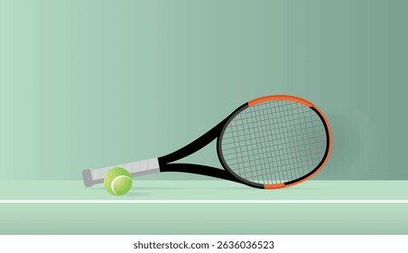 Tennis racket and ball lying on the court's white line, symbolizing the start of a tennis match or the preparation for a championship game, evoking anticipation and excitement for the upcoming play