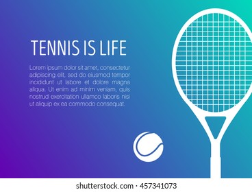 Tennis racket and ball, modern minimalistic flat design. Vector white icon on gradient  background.