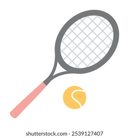 Tennis racket and ball. Modern vector illustration isolated on white background, hand drawn, flat design