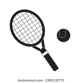 Tennis racket with ball monochrome flat vector object. Playing tennis tournament. Editable black and white thin line icon. Simple cartoon clip art spot illustration for web graphic design