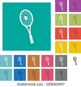 Tennis racket with ball multi colored flat icons on plain square backgrounds. Included white and darker icon variations for hover or active effects.