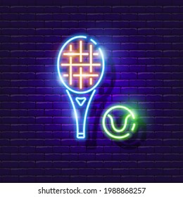 Tennis racket and ball neon icon. Vector illustration for design. Sports concept. Tennis sign.