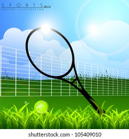 Tennis racket and ball with net on nature background. EPS 10.