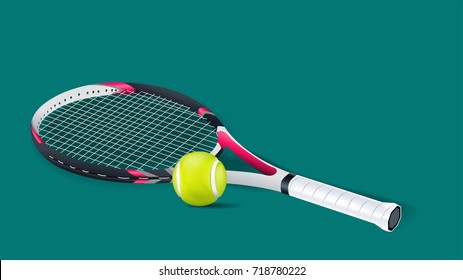 Tennis racket with a tennis ball on a tennis court isolated on green background. vector and illustration.